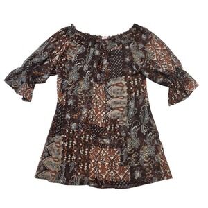Dolly Up Brown Paisley Print‎ Peasant Top Blouse 3/4 Sleeve Boho Chic - Small